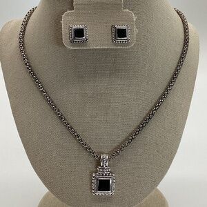 1848. Square Black Pendant Necklace & Matching Earrings EUC
